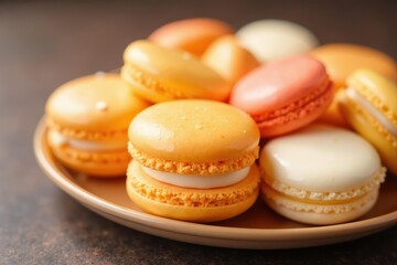 Fototapeta premium Delicate macarons in shades of orange and white, multicolored macarons, baked goods