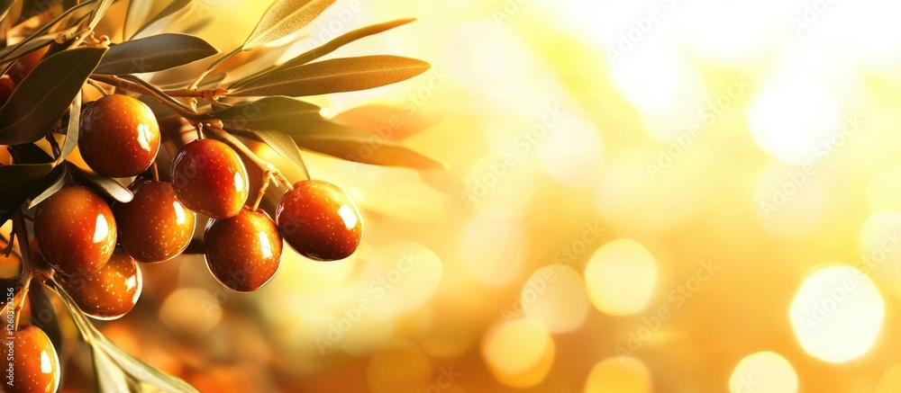 Poster sunset illuminated organic olives on the branch creating a warm and inviting atmosphere with space f