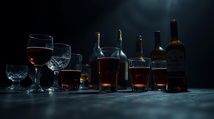 Still life with various glasses and bottles of alcohol