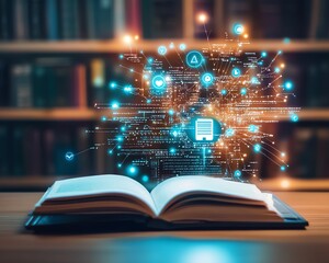 Digital technology knowledge network, futuristic data education concept, electronic learning development screen, modern study information connection with glowing nodes