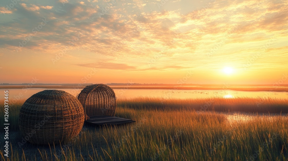 Poster serene sunrise illuminating wicker baskets on marshland with tranquil waters and open space for text