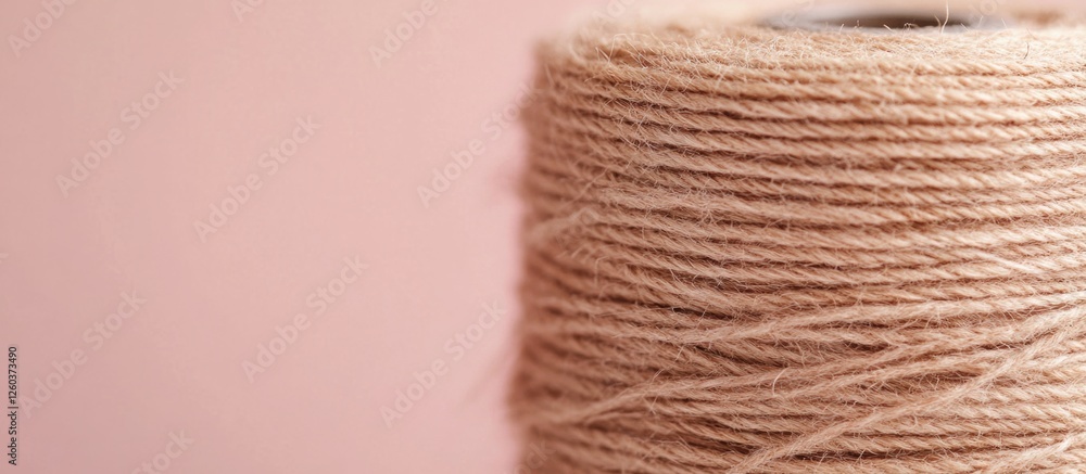 Poster burlap thread spool close-up on a soft pink background showcasing texture and color harmony for craf