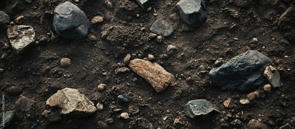 Poster textured ground with assorted stones and dirt highlighting intricate patterns of light and shadow in