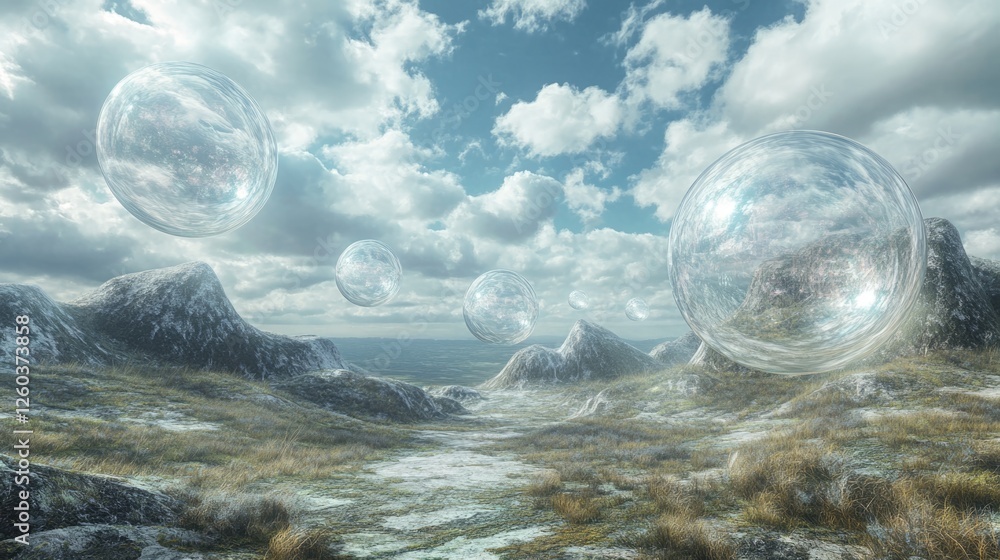 Poster surreal landscape featuring floating transparent orbs with dramatic clouds and empty space for text 