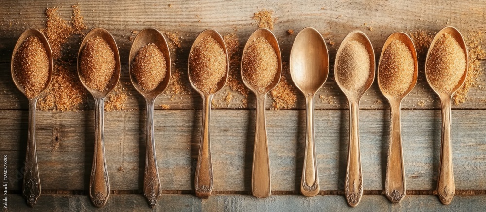 Poster spoons filled with brown sugar arranged on a rustic wooden surface creating a warm and inviting aest