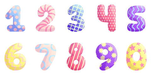 A set of cute numbers for kids. Educational colorful numbers. The concept of a children's anniversary, home decor or kindergarten. Isolated vector illustration for design, prints and patterns.