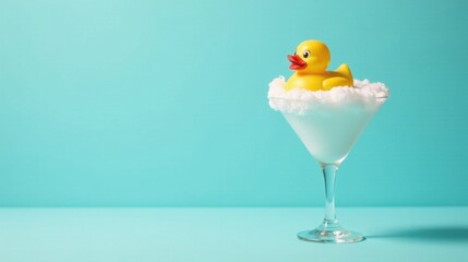 A cheerful yellow rubber ducky taking a refreshing bath in a frosted cocktail glass against a vibrant turquoise backdrop.