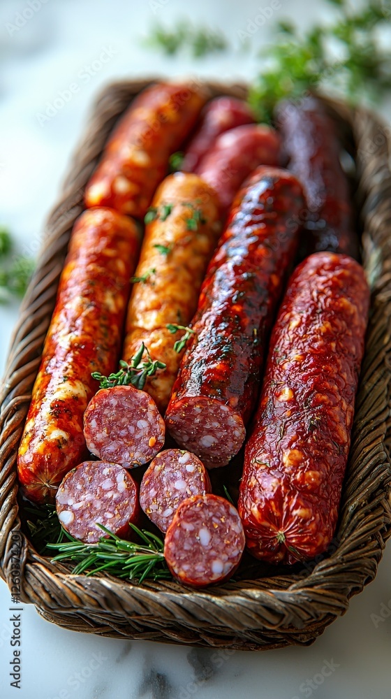 Poster This image depicts an array of spicy sausages expertly arranged on a serving tray, illustrating the rich variety available for meat enthusiasts to enjoy.