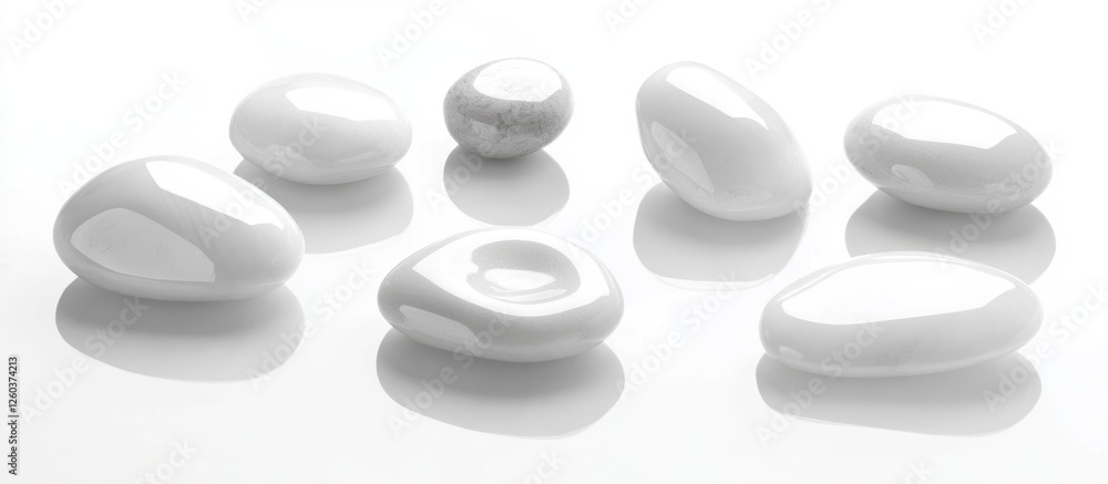 Poster white smooth pebbles arranged on a reflective surface with a clean white background for use in desig