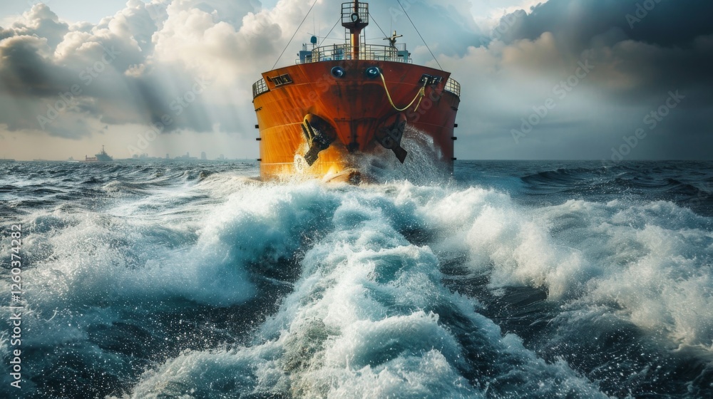Poster a large cargo ship powers through choppy seas, leaving a wake of frothy water behind it, while drama