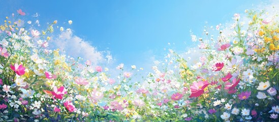 Vibrant spring blooms under a bright blue sky with a colorful display of flowers in full bloom creating a serene natural landscape.