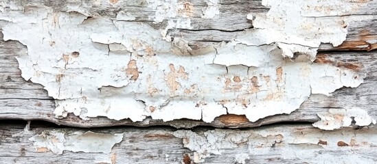 Obraz premium Textured close-up of weathered white wooden wall with peeling paint and aged cracks showing natural patterns and rustic charm