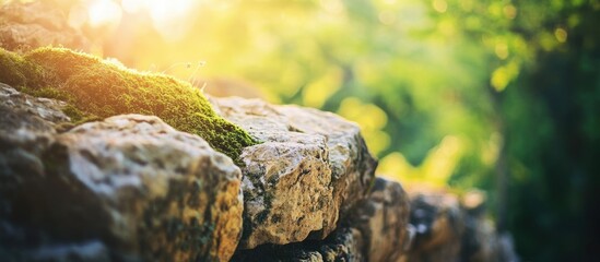 Obraz premium Lush green background with sunlit moss-covered stone wall reflecting nature's beauty and tranquility in a serene outdoor setting