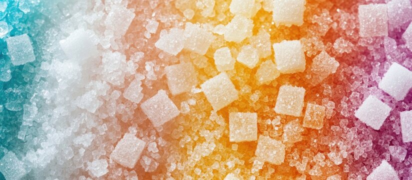 Colorful sugar crystals background with various sizes of sugar cubes creating a vibrant and textured visual appeal for culinary themes.