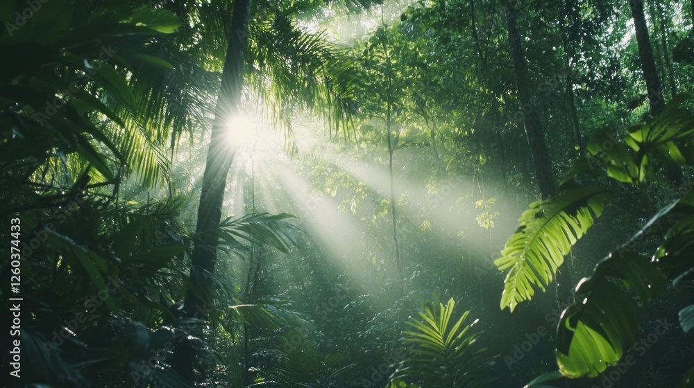 Poster sunlight streaming through towering trees in a lush green forest with a tranquil atmosphere and blan