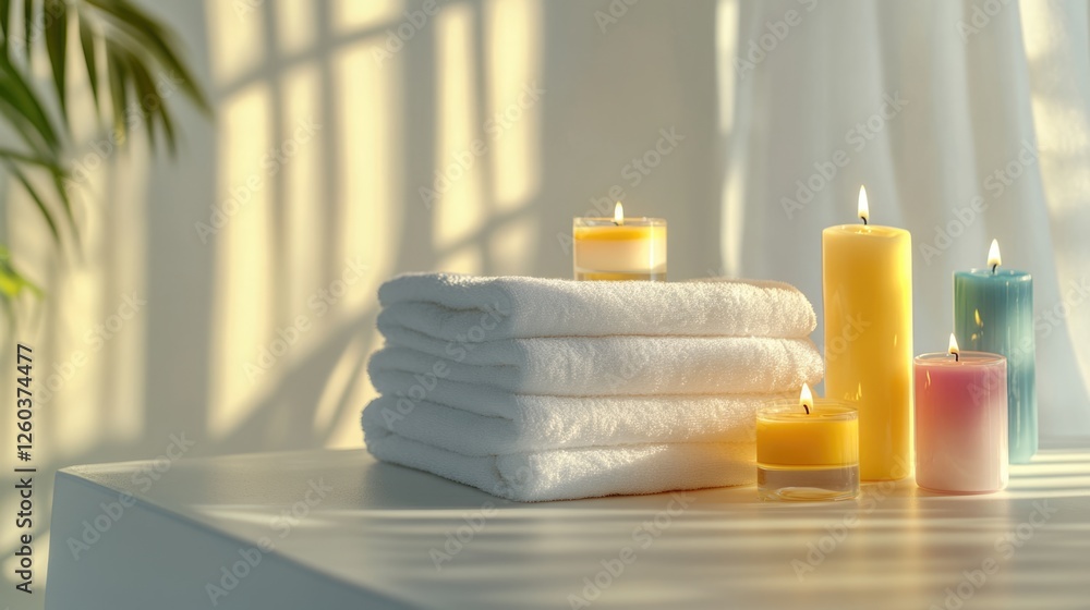 Poster minimalist bathroom scene featuring a stack of folded white towels and colorful candles illuminated 