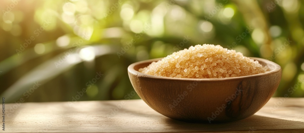 Poster natural raw sugar in a rustic wooden bowl with soft light and greenery in the background creating a 
