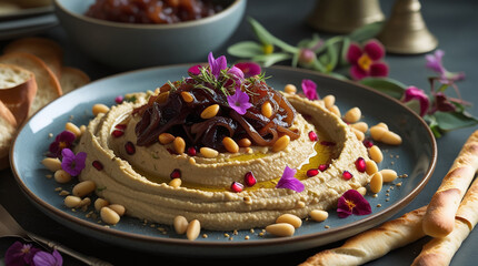 High-end hummus presentation featuring gourmet ingredients and breadsticks