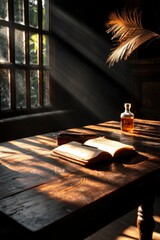 Sunlit Wooden Table With Book Pen And Bottle
