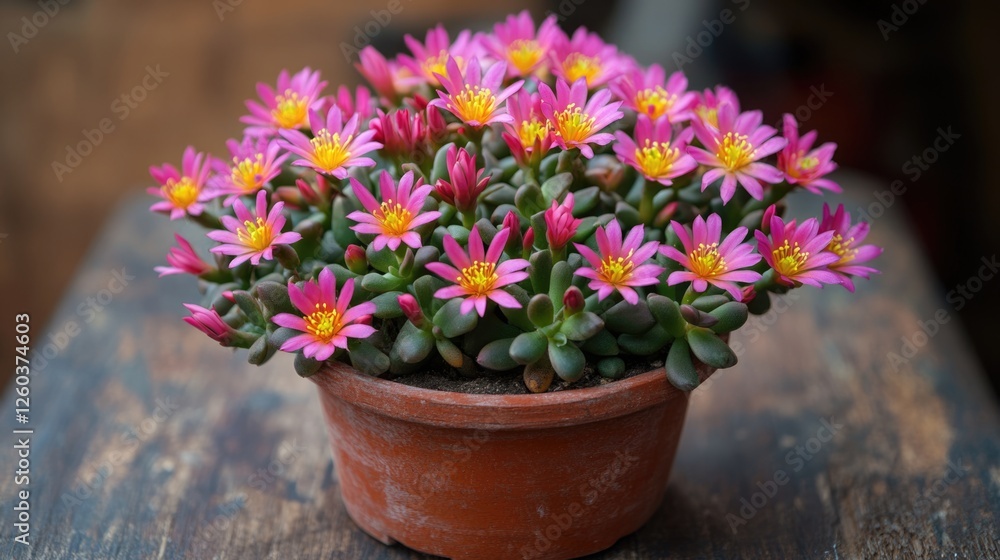 Sticker Vibrant succulent plants with blooming pink flowers in terracotta pot on wooden table ideal for indoor gardening and floral decoration concepts