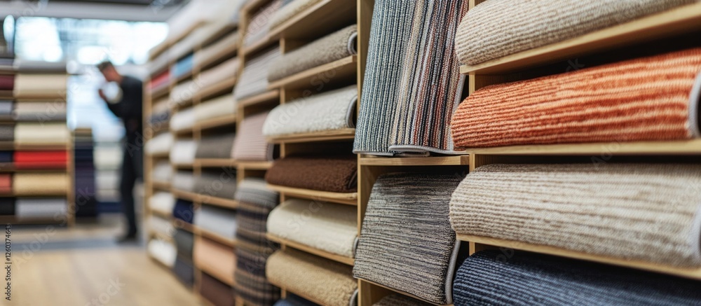 Poster striped carpet samples displayed in a carpet store showcasing various textures and colors for interi