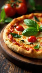 Freshly baked pizza with basil and cherry tomatoes on a wooden platter, crust, cherry
