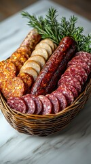 An enticing platter brings together various meats and cheeses garnished with fresh greenery, making it an appealing choice for gatherings or upscale dining experiences.