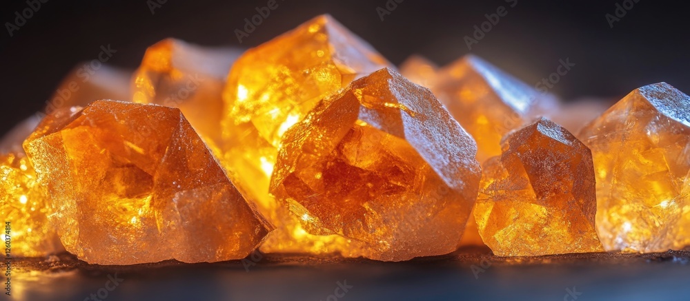 Poster macro shot of amber sugar crystals illuminated on a dark background showcasing their unique texture 