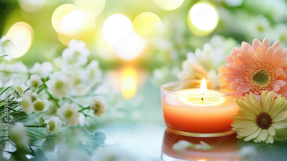 Poster elegant summer dinner table setting featuring floral decor and candlelight with soft bokeh backgroun