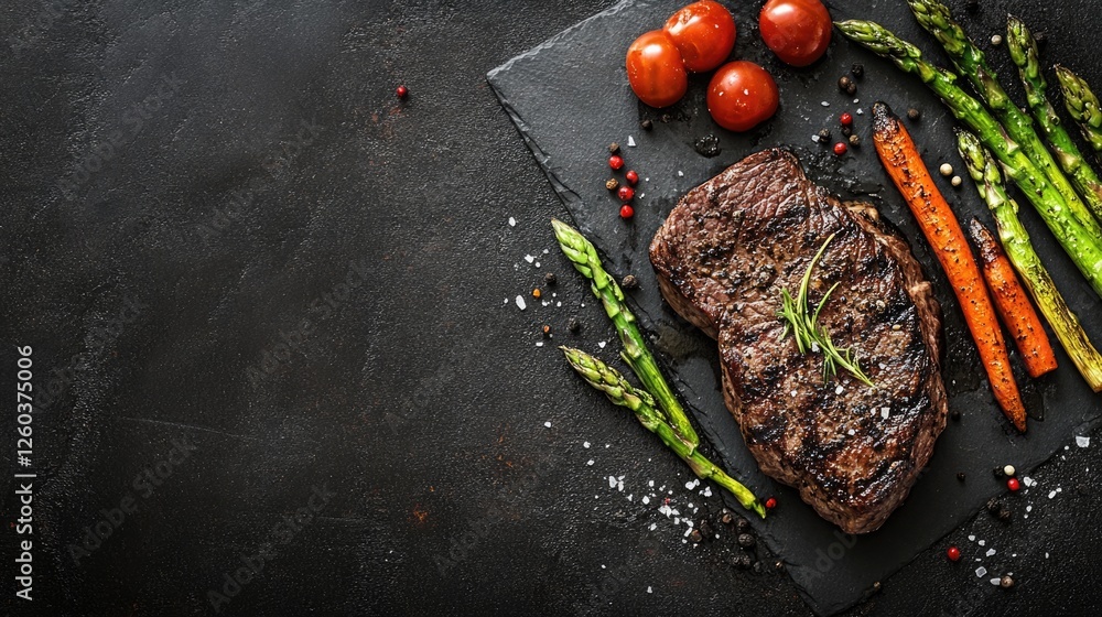 Poster grilled steak with fresh asparagus and colorful vegetables on slate board elegant presentation for c