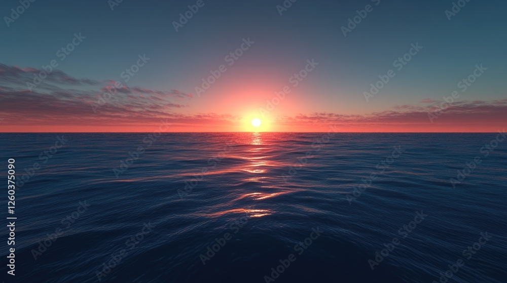 Poster vibrant sunset over the calm ocean horizon with vast empty space for text and messaging in a serene 
