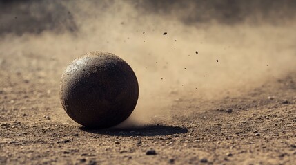 Sports ball rolling on dusty ground emphasizing metal detection theme with ample copy space for creative text or advertisement messages