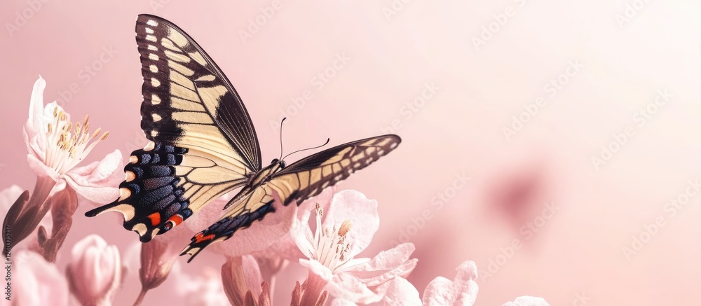Poster swallowtail butterfly resting on a blooming flower with soft pastel background and ample space for t