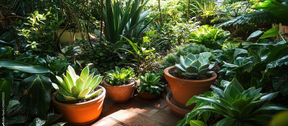 Sticker Lush succulent garden arrangement showcasing diverse plants in terracotta pots illuminated by natural sunlight.