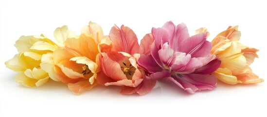 Colorful spring tulips in pastel shades arranged in a line on a bright white background for floral design and decoration concepts.