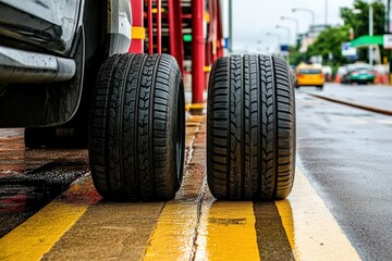Car tires on wet street, showcasing tread patterns, parked near yellow lines, urban setting, rainy weather, tire maintenance concept