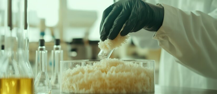 Laboratory testing of natural rubber sample with gloved hand exploring its texture and quality in a scientific environment