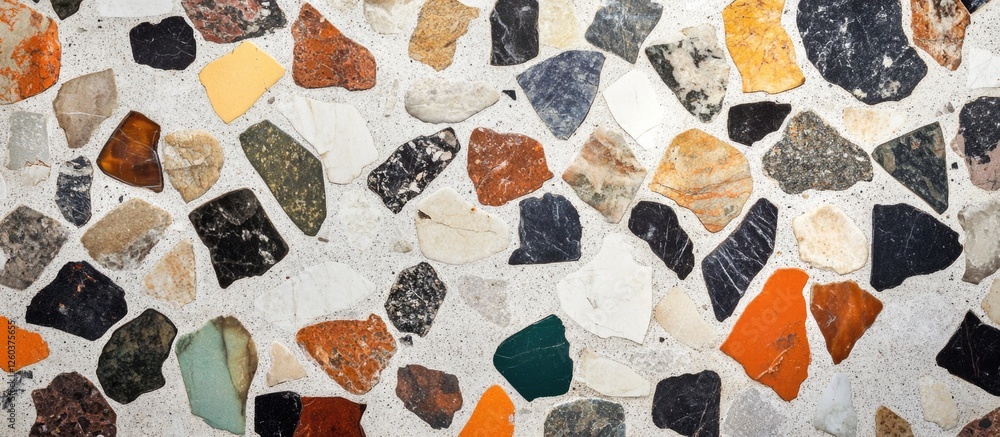 Poster terrazzo texture featuring a mix of colorful stones and tiles for use in design and architectural pr