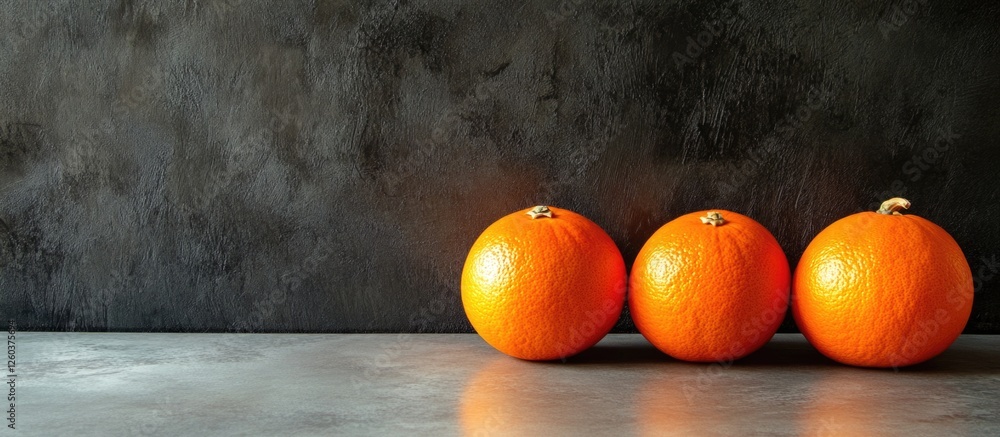 Aufkleber table arrangement with oranges and pumpkins on gray surface blank space for text or graphics