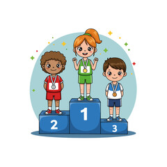 Cartoon Children Celebrating Victory Standing on Podium After Winning Competition
