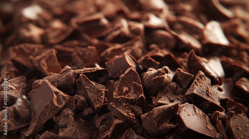 Poster gourmet chocolate chips in a detailed macro shot with ample copy space for text or design elements.