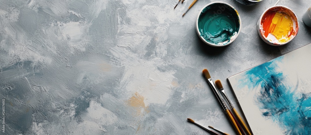 Poster elegant branding mockup showcasing artworks on a textured gray background with paint and brushes arr