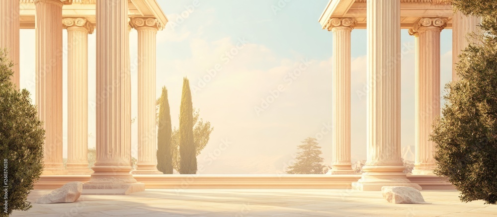 Poster ancient greek temple scene with elegant columns and serene landscape providing ample blank space for