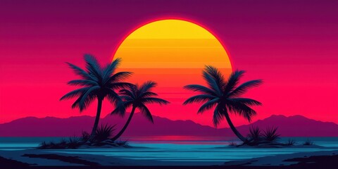 Sunset serenity california beach digital art tropical paradise wide angle synthwave aesthetic