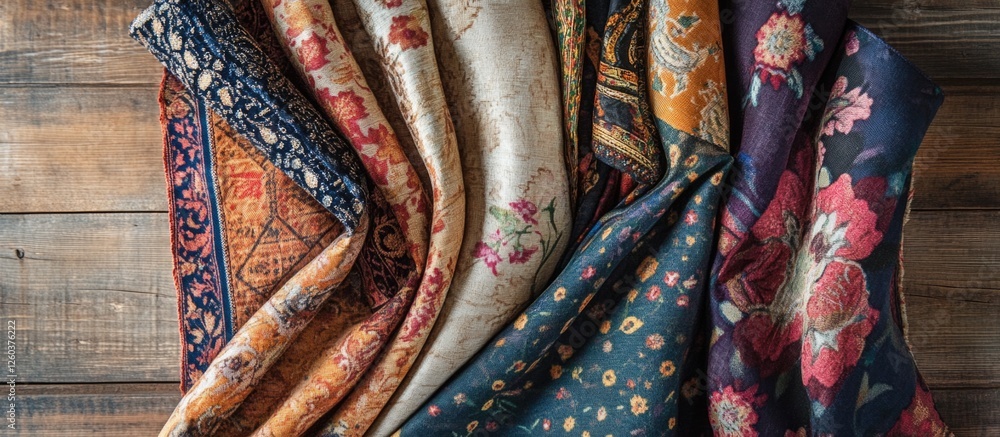 Poster elegant collection of vibrant textiles showcasing intricate patterns and rich colors arranged artful