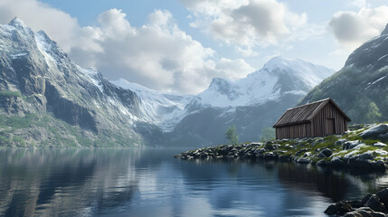 Fototapeta premium Norwegian wooden cabin in the mountains by the water