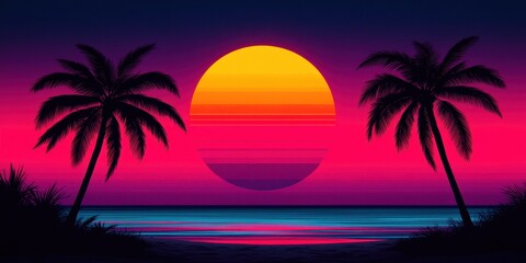 Vibrant sunset over california beach synthwave style art tropical landscape digital illustration