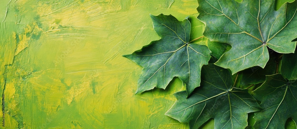 Poster textured green leaves on vibrant background with ample empty space for nature-themed text or design 