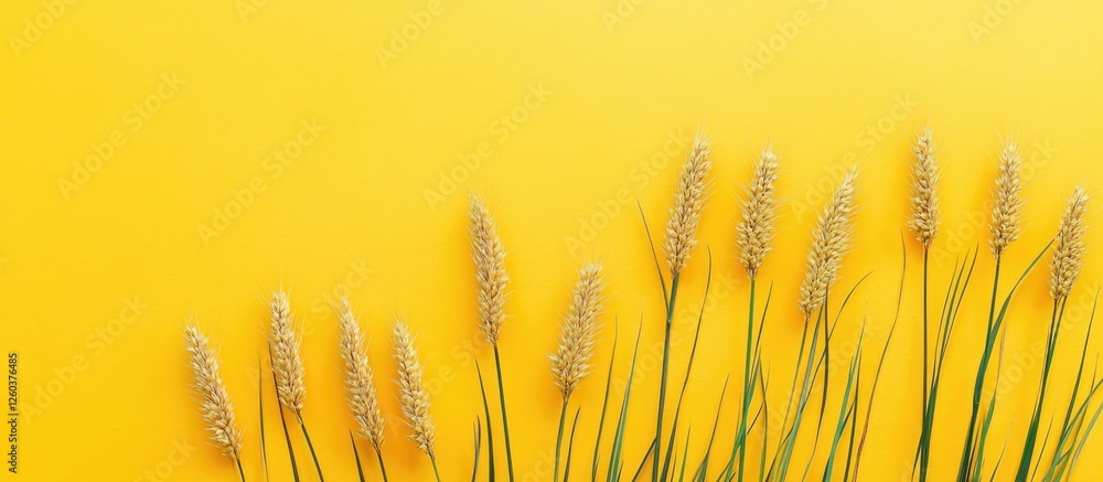 Poster meadow grass spikelets on vibrant yellow background creating a natural and cheerful design suitable 