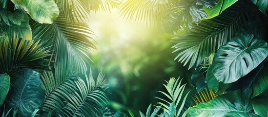 Sunlight Filtering Through Lush Green Forest Leaves with Natural Serenity and Space for Text Overlay